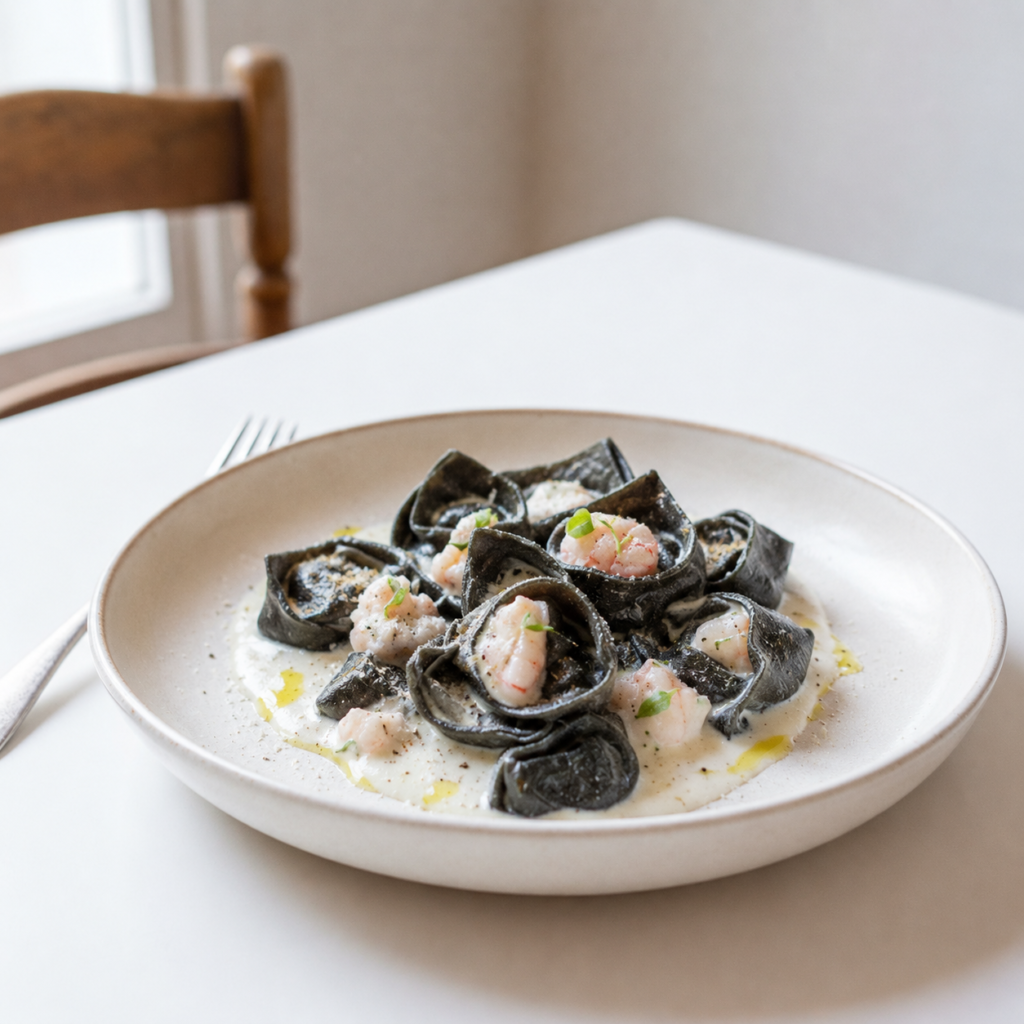 tortelli neri gamberi e pecorino